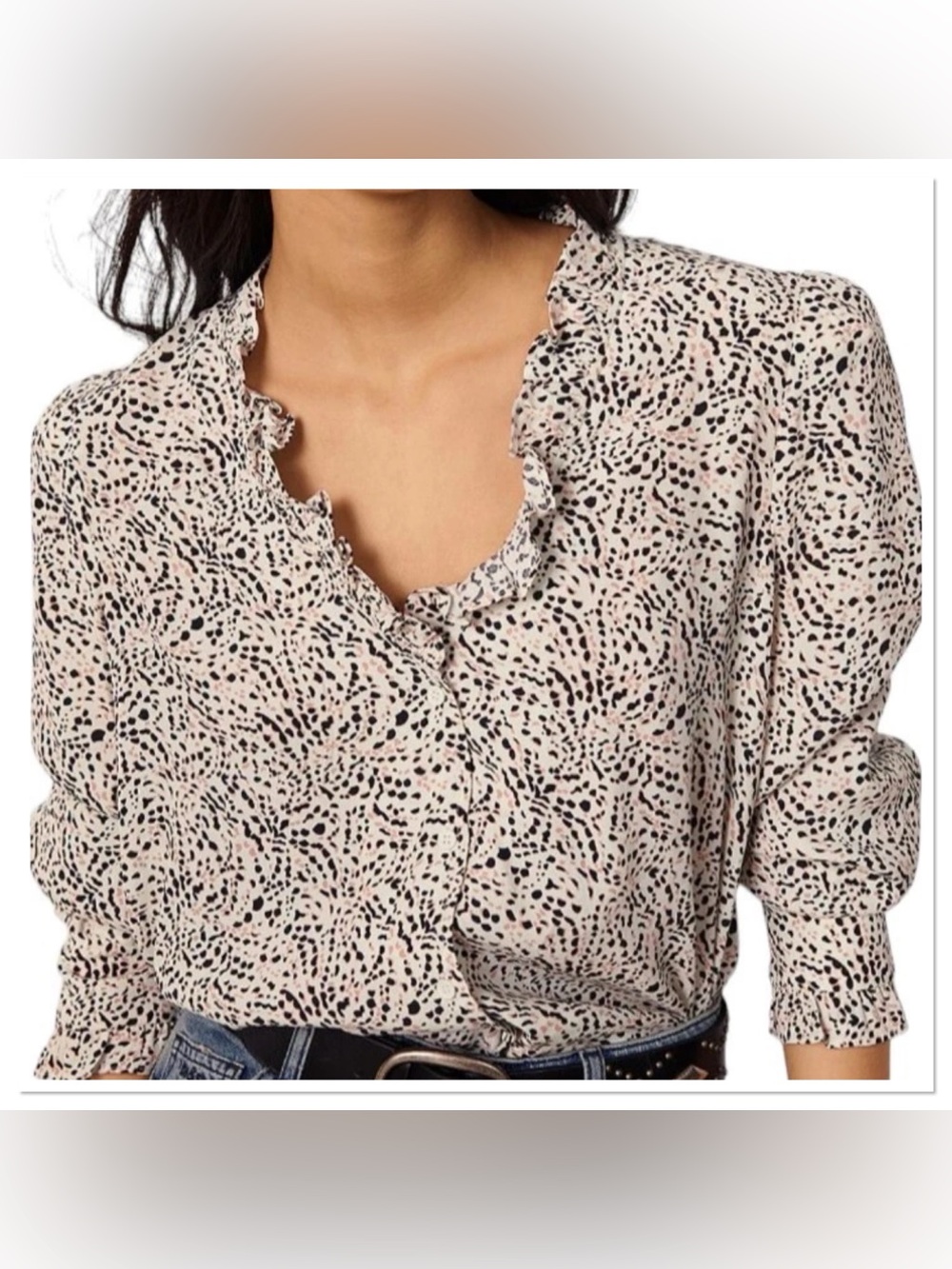 Ba&sh Inti Ruffle Trim Top Blouse Blush Black & Cream Intl’ Sz 1 / US S Viscose